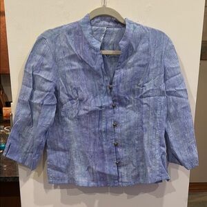 Fridaze 100% linen Chic Blue watercolor ombre Button-Up blouse Small